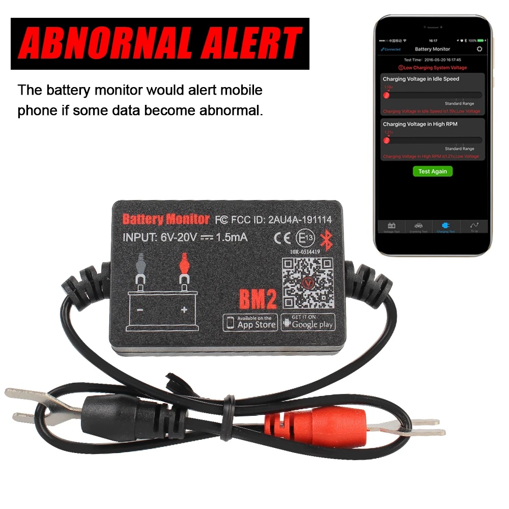 Me Alarm Mjet Diagnostik të Tensionit të Akuzuar Cranking Test Bateri Makine Monitoruar 12V për Android IOS Telefon BM2 Bluetooth 4.0 . ' - ' . 2
