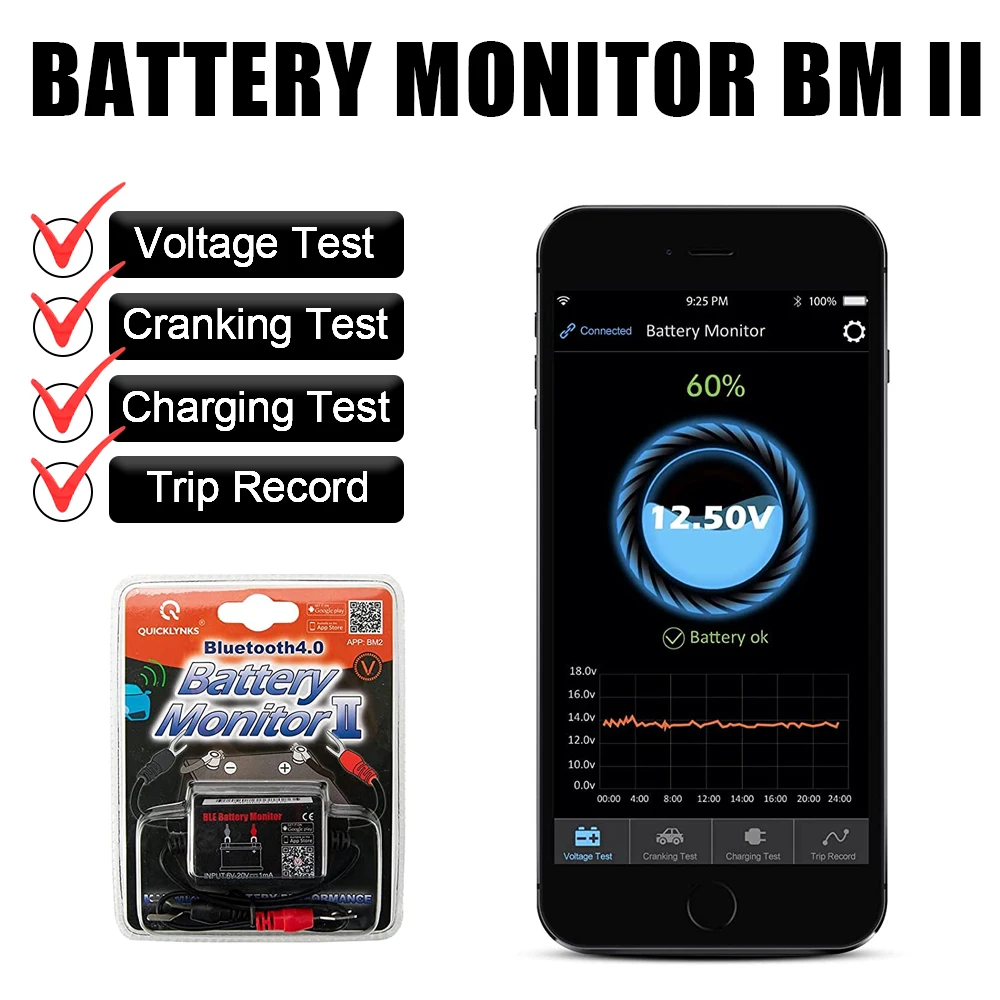 Me Alarm Mjet Diagnostik të Tensionit të Akuzuar Cranking Test Bateri Makine Monitoruar 12V për Android IOS Telefon BM2 Bluetooth 4.0 . ' - ' . 4