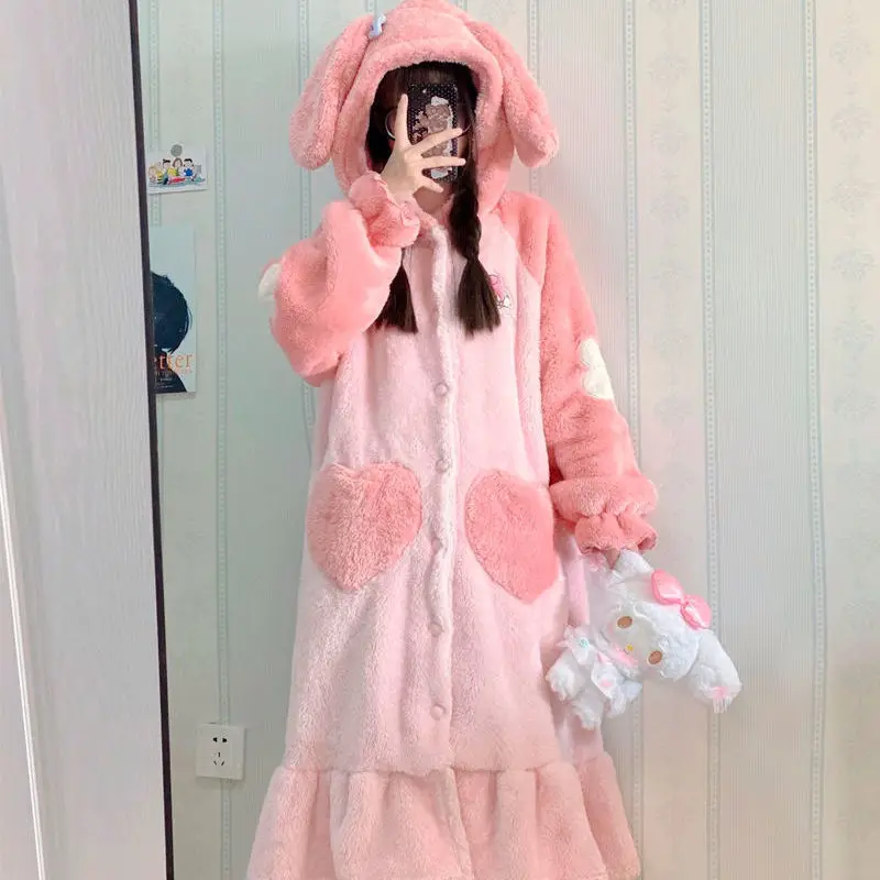 Sanrio Ime Melodi Kuromi Cinnamonll Nightgown Anime Kawaii Cartoon Natën E Mantelit Pantallona Kostum Të Dimrit Thickened Qeth Dimrit Pajama . ' - ' . 1