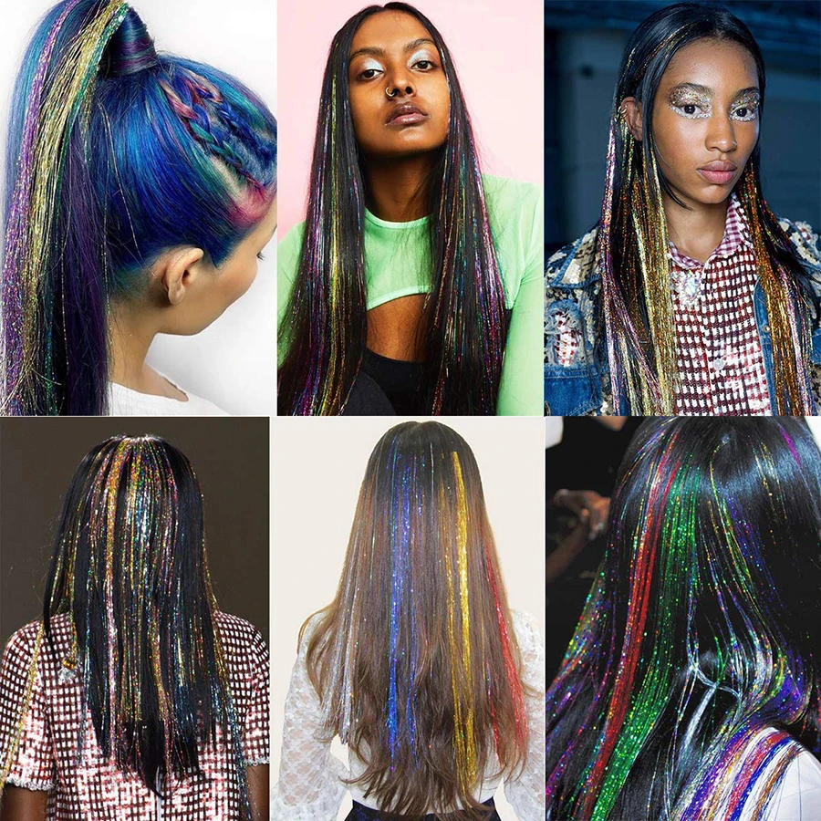 18 Ngjyra të Shndritshme Temat e Rrezes së Flokëve Tinsel Kit Ari Mëndafshi e Flokëve Vezullim Varg Extensions Pajisje për Gratë Headdress . ' - ' . 5