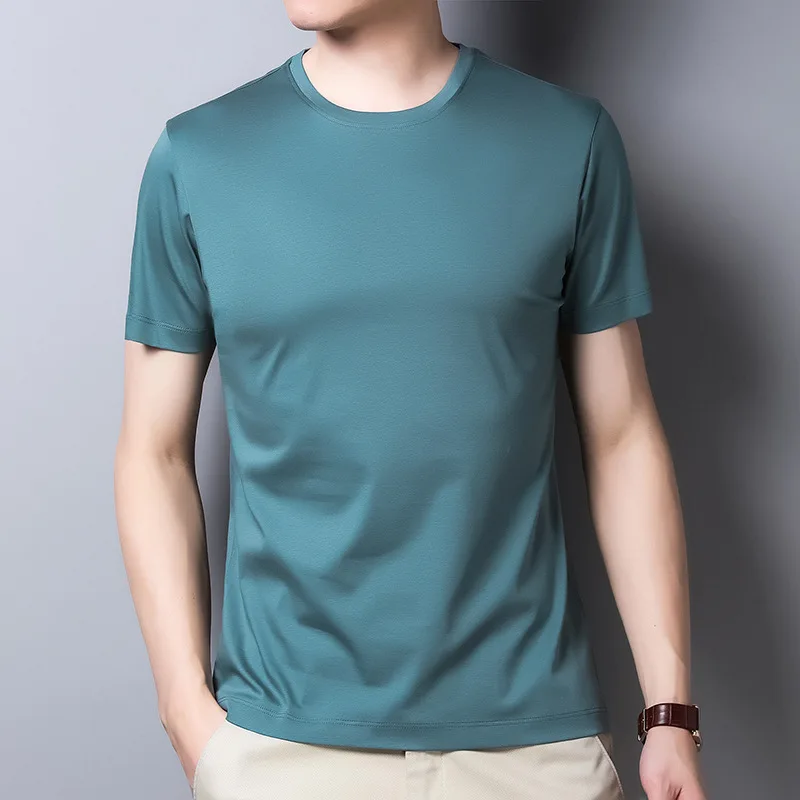 Verën e moshës së Mesme e Njerëzve të Dyfishtë Mercerized Pambuku Raundin Qafë të Shkurtër me mëngë të gjata T-shirt të Ngurta me Ngjyra Korean Version për Meshkuj T-shirt . ' - ' . 4