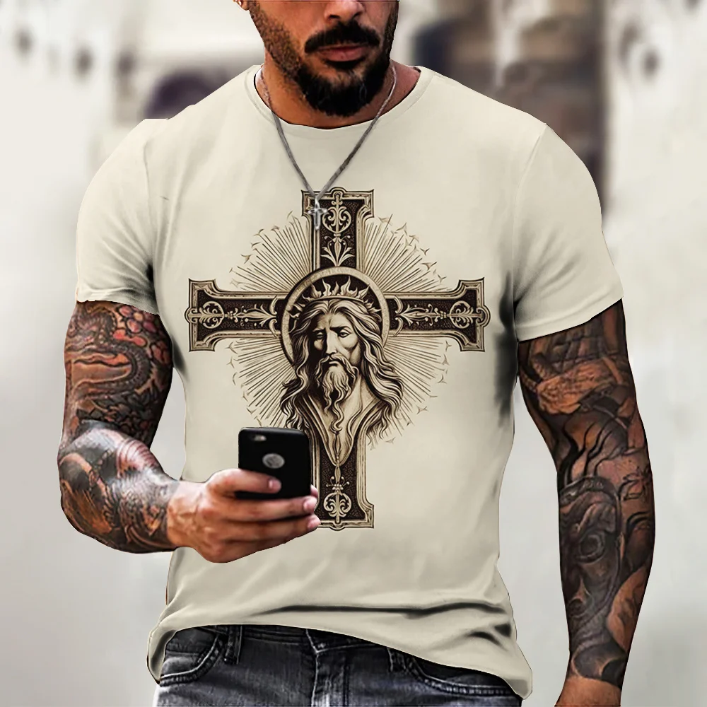 Jezusi T-Shirt Për Meshkujt 2023 Verës Jezusi Kryq 3d Shtypjen e Shkurtër Nivel të Lirshme Breathable Krye Tee 6xl Modës Këmisha Meshkuj Rrobat . ' - ' . 2