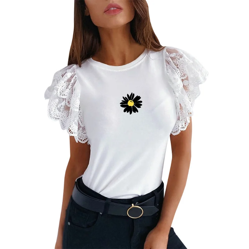 Gratë Ruffles Mëngë Të Shkurtra Tees Verës Dantella Kolazh Të Pakta T-Shirt 2023 Elegante Të Rastit Të Ngurta Në Krye Të Zonjat O Qafën E Bardhë E Zi Në Krye . ' - ' . 5