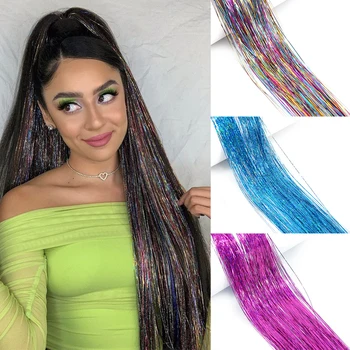 18 Ngjyra të Shndritshme Temat e Rrezes së Flokëve Tinsel Kit Ari Mëndafshi e Flokëve Vezullim Varg Extensions Pajisje për Gratë Headdress