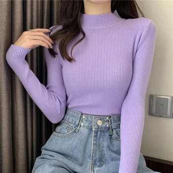 2022 Pranverë Në Vjeshtë Turtleneck Pullovers Sweaters Themelore Të Grave Mëngë Të Gjata Korean Slim Sweaters Rastësor Bluzë Femra Të Punuar Me Shtiza Krye