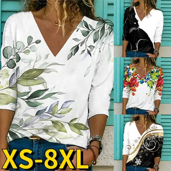 2022 të Reja në Vjeshtë të Grave Modës Lirshme në Buzë të Gjatë Mëngë të Modës V-Qafë të Tepërt T-shirt Vintage Print Pulovër Elegante në Krye Tee