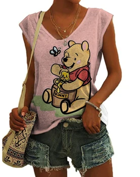 2023 grave të verës të reja të modës Disney Winnie Pooh Tigger 3D të shtypura të shkurtër me mëngë të gjata T-shirt të grave V-qafë të rastit jelek