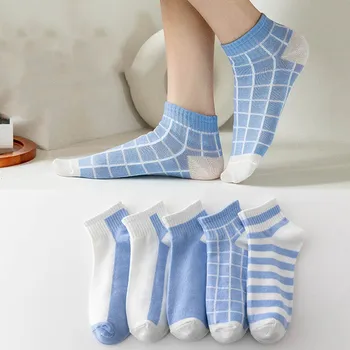 5 Çifte të Reja Cartoon Grave Çorape Rrjetë Pranverë të Rastit Poliestër Çorape Pambuku Blu Plaid Kolegji Stilin e Grave Çorape