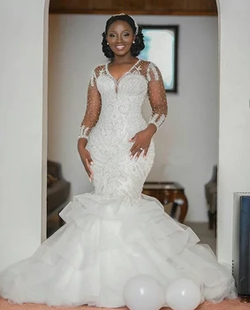 ANGELSBRIDEP V-Qafë Sirenë Wedding Dresses Dubai Afrikës së Modës Applique Luksoze Dantella Mëngë të Gjata Dasma Gowns Shitje të NXEHTË