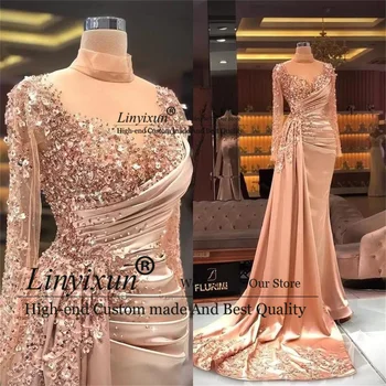 Arabisht Aso Ebi Rose Gold Sirenë Prom Dresses Sexy Absolut Qafë Beaded Sequins Formale Fustan Mbrëmje Mëngë Të Gjata Partia Dress