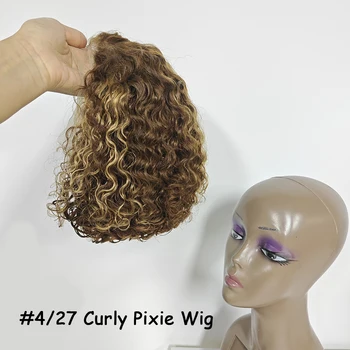 Bob shkurtër Kaçurrel Pixie Prerë Parukë të nxjerrë në Pah 4/27 Ngjyra 13x4 Transparente Dantella Ballore Wigs e Flokëve të Njeriut Wigs Për Gratë Braziliane e Flokëve