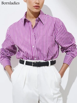 Bornladies 2022 Vjeshtë Korean Elegancë Femërore Të Lirshme Shirita Këmisha Në Krye Të Rastit Jakë Xhakete Tepërt Dantella Gratë Bluzë Pambuku Bluza