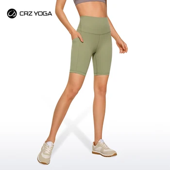 CRZ YOGA Grave Gjalpë Luxe Biker pantallona të shkurtra 8 Inç i Lartë Waisted Yoga pantallona të shkurtra Anësore Xhepat Depo të Butë