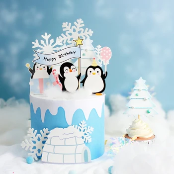 Happy Birthday Cake Topper Penguin Hat Snowflake Vjetorin Cupcake Cilindrave Pjekje DIY Partisë Flamurin Baby Dush Cake Dekor Xmas