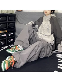 HOUZHOU Retro Hipi Gri Baggy Parashutë Pantallona të Grave Y2K Streetwear Sunhat Xhepat e Gjerë Këmbën e Ngarkesave Pantallona Femra Harajuku