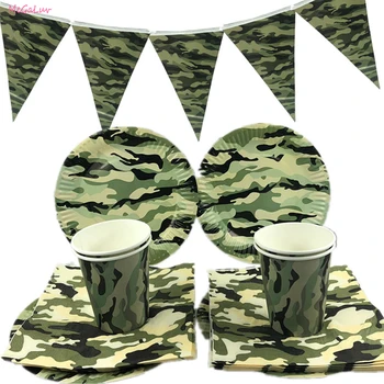 Kamuflazhi E Disponueshme Tableware Vendosur Ushtria Green Paper Pjata, Gota Napkins Ushtarake Temë Ditëlindjeje Dekorata Furnizime