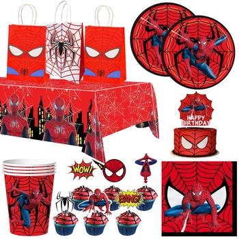 Kuq Spiderman Temë Ditëlindjeje Dekorimin Fëmijët E Disponueshme Tableware Qese Letre Filxhan Pjatë Mbulesë Tavoline Për Baby Dush Furnizime