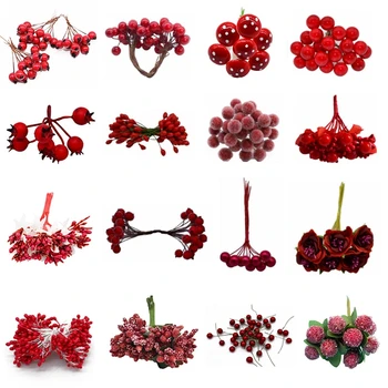 Kuq Temë Artificiale Lule Qershi Stamen Manaferrat Pako DIY Krishtlindjeve Dekor Tortë Dasmës Dhuratë Kuti Kurora Xmas Dekor