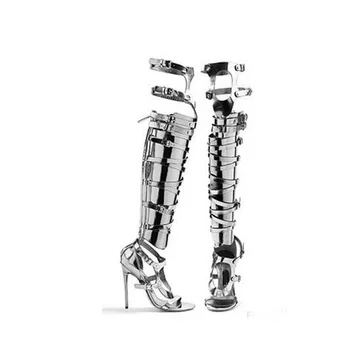 Madhësi të madhe 10 Çmim të Lirë Nxehta Ari Argjendi Patentë Lëkure Sandale Gladiatori Çizme Për Gratë të Prerë-jashtë Gju Lartë Sandale, Çizme
