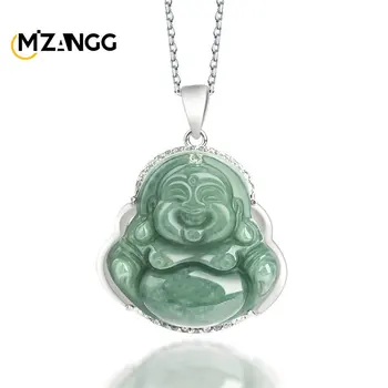 Natyrore Vintage Maitreya Buda Varëse S925 Stolisur Argjendi Lodh Buda Necklaces Jadeite Gjelbër Me Fat Amulet Gjerdan