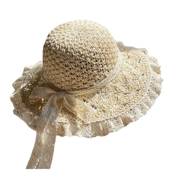 RH Femra Dantella Buzë Foldable Crochet Kapelë Kashte Verës Pushime Uritur Bukur Hark Lule Fringe Sunshade Plazh Hat