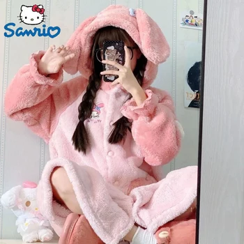 Sanrio Ime Melodi Kuromi Cinnamonll Nightgown Anime Kawaii Cartoon Natën E Mantelit Pantallona Kostum Të Dimrit Thickened Qeth Dimrit Pajama