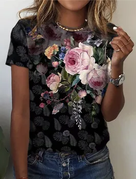 Vera e Re të Modës së Grave në Rrugë të Rastit Mëngë të Shkurtra Raundin Qafën e Hollë të Rehatshme T-shirt Verbuar Lules Print XS-8XL