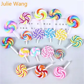 Xhuli Wang 10PCS Polimer Balta Lollipop Karamele Ngjyra Bitum Rrëshirë Charms Pendants Telefon Dekor Gjetjet Bizhuteri Bërë Plotësues