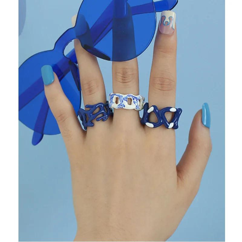 HANGZHI të Reja Vintage Klein Blu Goditur Ngjyrë të punuar me dorë Pikoj Lustër Gjeometri Uritur Hapur Unaza e Modës Bizhuteri Dhuratë për Gratë e Vajzat 2021 . ' - ' . 1