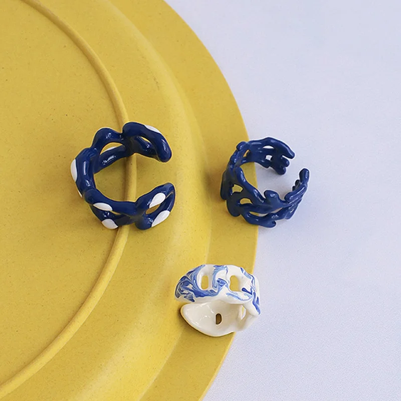 HANGZHI të Reja Vintage Klein Blu Goditur Ngjyrë të punuar me dorë Pikoj Lustër Gjeometri Uritur Hapur Unaza e Modës Bizhuteri Dhuratë për Gratë e Vajzat 2021 . ' - ' . 4