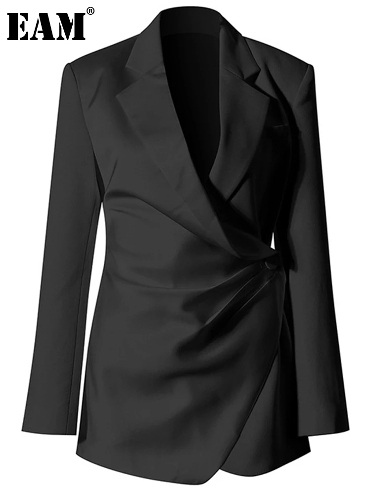 [EAM] Gratë e Zezë të Parregullt Pleated xhaketë sportive të Ri Notched Mëngë të Gjata të Lirshme Përshtaten Modës Xhaketë Batica Pranverë në Vjeshtë 2023 1DE6063 . ' - ' . 0