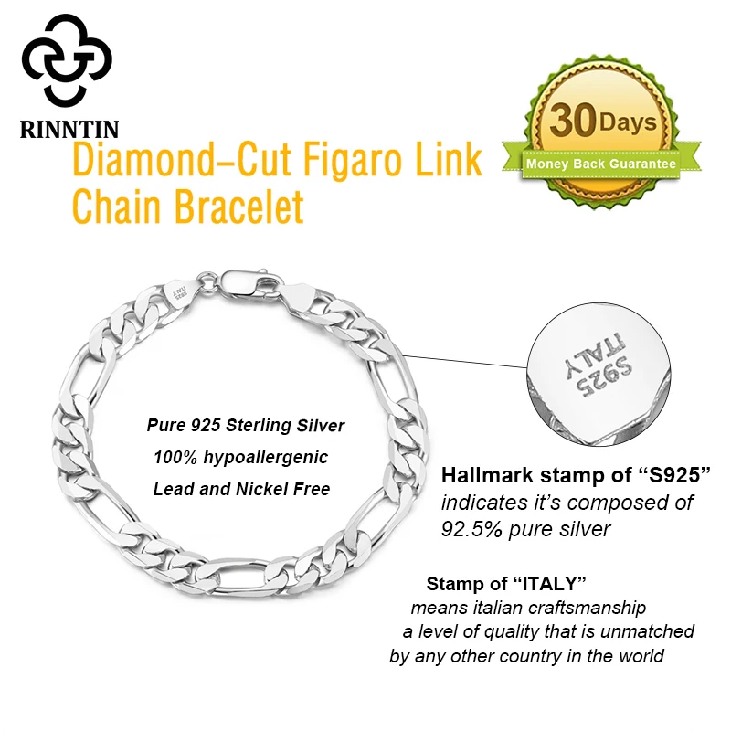 Rinntin Luksoze 925 Sterling Silver italiane 6.5 mm Diamond-Prerë Figaro Lidhje Zinxhir Byzylyk për Burrat Teen Gratë Bizhuteri Dhurata SB108 . ' - ' . 1