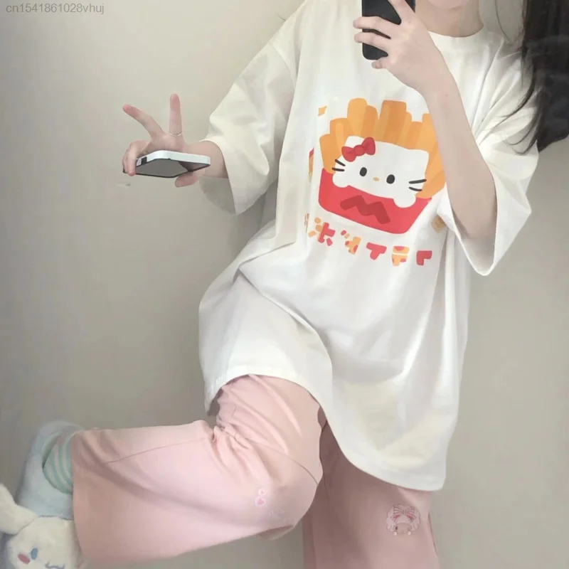 Sanrio Hello Kitty Bukur T-shirt të Grave Y2k Anime Rrobat e viteve 2000 Verë të Re Mëngë të Shkurtra Krye Korean Modës Bardhë Tees Vajzë e Re . ' - ' . 1