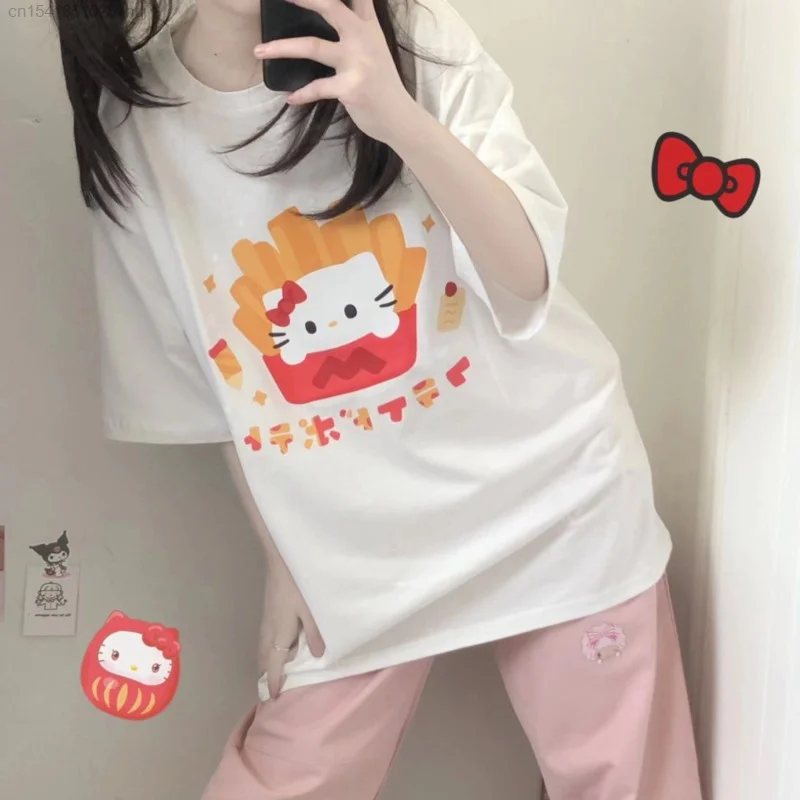Sanrio Hello Kitty Bukur T-shirt të Grave Y2k Anime Rrobat e viteve 2000 Verë të Re Mëngë të Shkurtra Krye Korean Modës Bardhë Tees Vajzë e Re . ' - ' . 2
