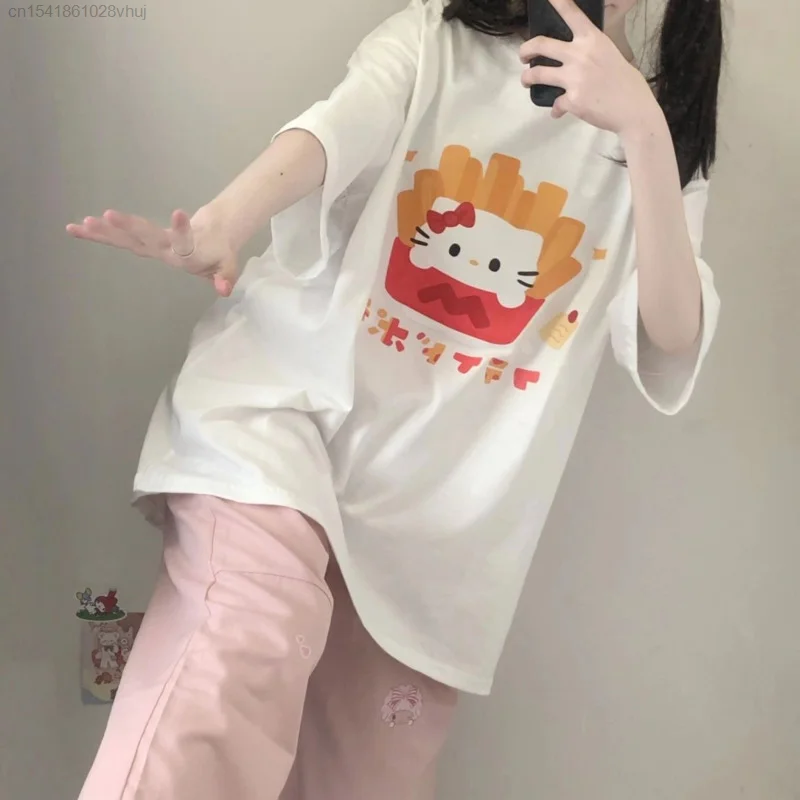 Sanrio Hello Kitty Bukur T-shirt të Grave Y2k Anime Rrobat e viteve 2000 Verë të Re Mëngë të Shkurtra Krye Korean Modës Bardhë Tees Vajzë e Re . ' - ' . 3