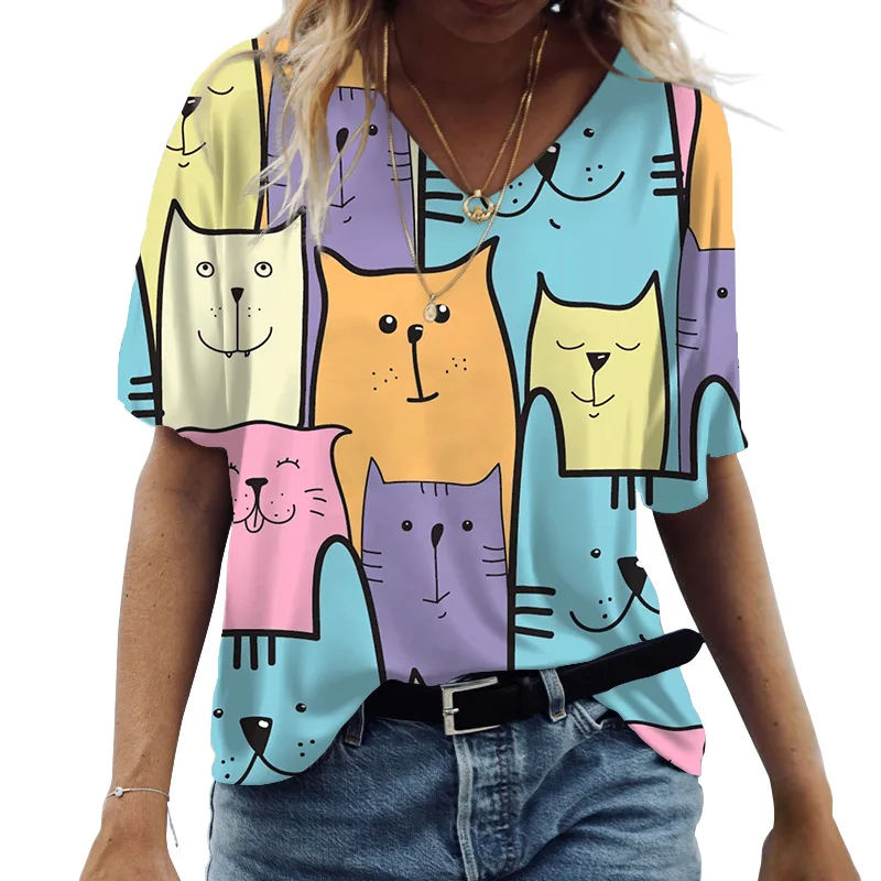2023 Verës Zonjat T-Shirt me Mëngë të Shkurtra në Krye Cat Grafike O-Qafë Tepërt Veshje Rastësor Y2k Streetwear të Ri të Grave Këmishë Tees . ' - ' . 0