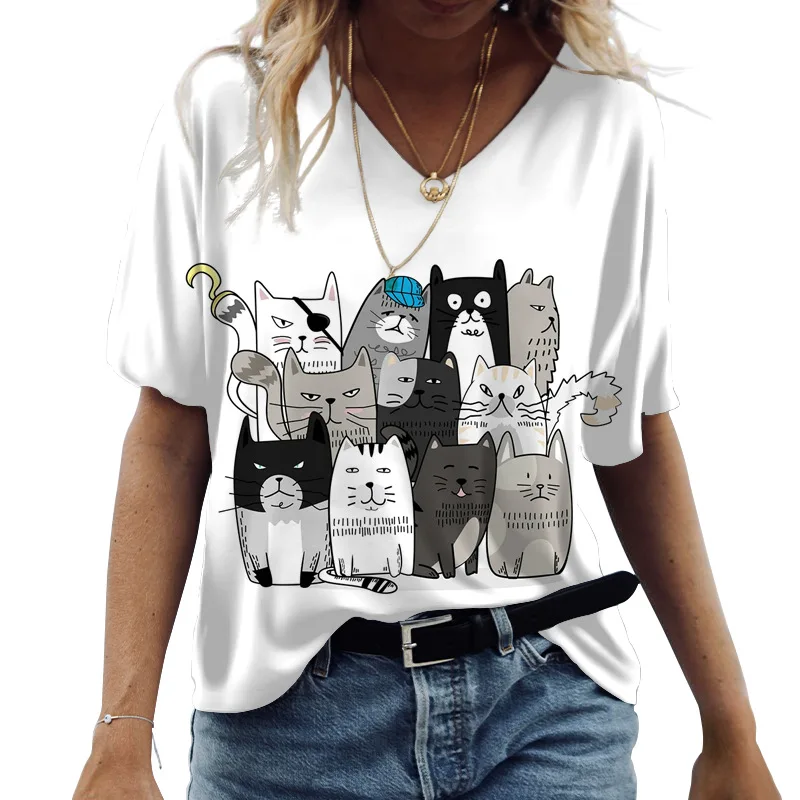 2023 Verës Zonjat T-Shirt me Mëngë të Shkurtra në Krye Cat Grafike O-Qafë Tepërt Veshje Rastësor Y2k Streetwear të Ri të Grave Këmishë Tees . ' - ' . 1