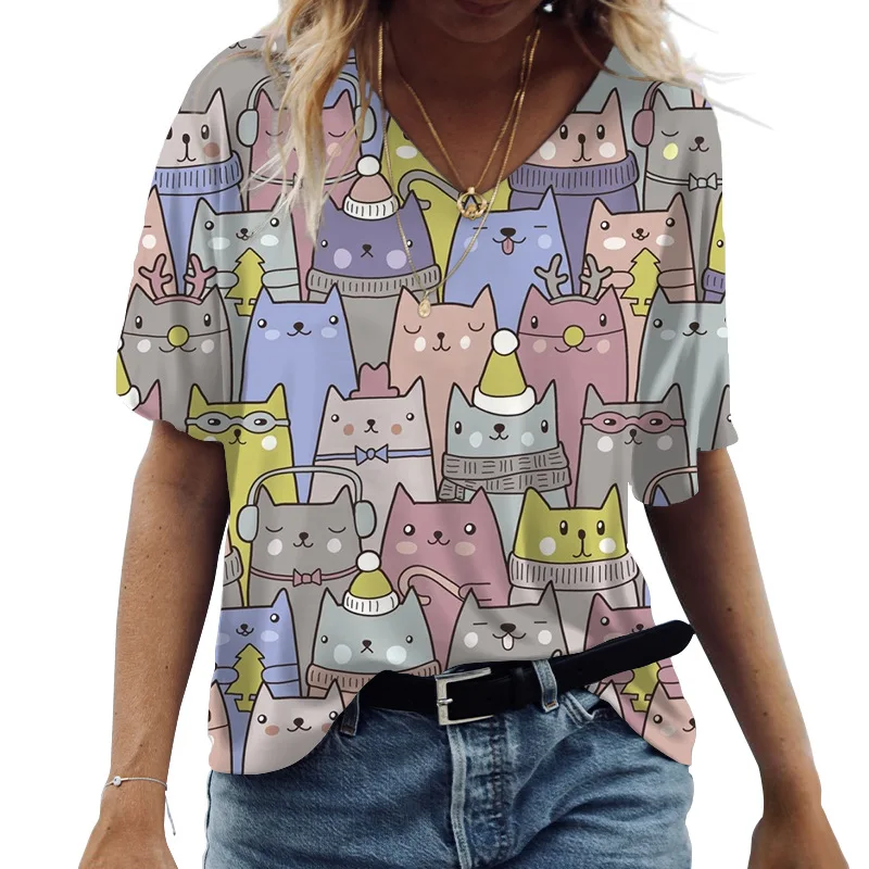 2023 Verës Zonjat T-Shirt me Mëngë të Shkurtra në Krye Cat Grafike O-Qafë Tepërt Veshje Rastësor Y2k Streetwear të Ri të Grave Këmishë Tees . ' - ' . 2