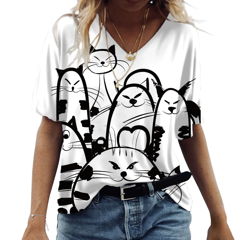 2023 Verës Zonjat T-Shirt me Mëngë të Shkurtra në Krye Cat Grafike O-Qafë Tepërt Veshje Rastësor Y2k Streetwear të Ri të Grave Këmishë Tees . ' - ' . 3
