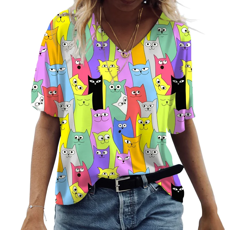 2023 Verës Zonjat T-Shirt me Mëngë të Shkurtra në Krye Cat Grafike O-Qafë Tepërt Veshje Rastësor Y2k Streetwear të Ri të Grave Këmishë Tees . ' - ' . 4