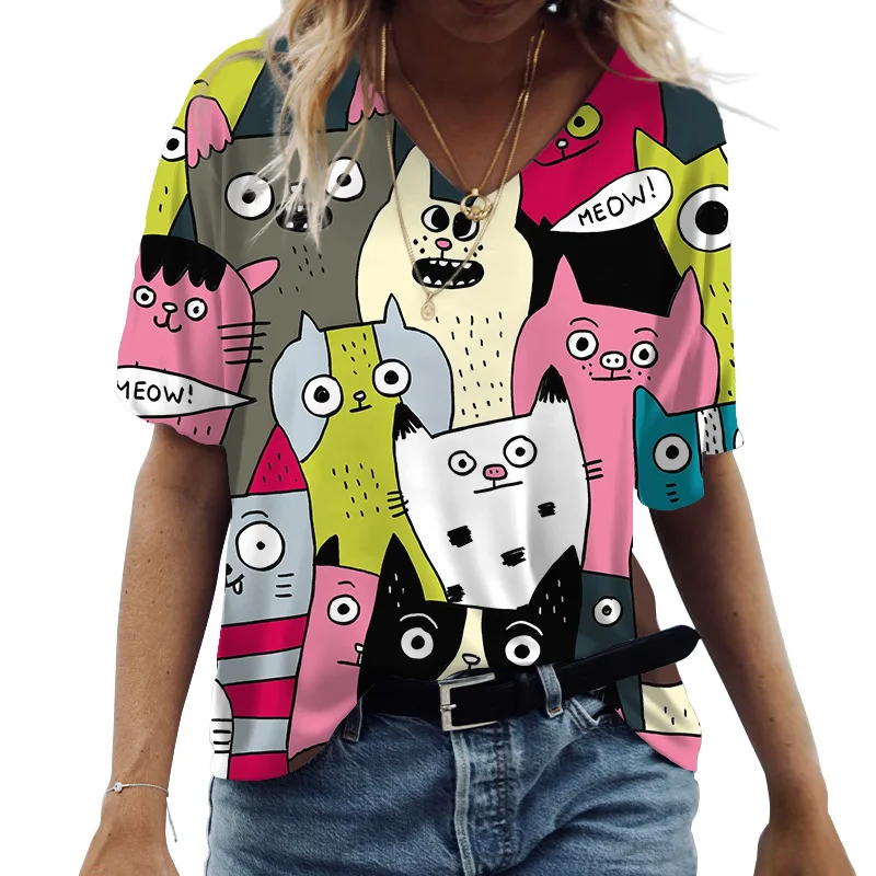 2023 Verës Zonjat T-Shirt me Mëngë të Shkurtra në Krye Cat Grafike O-Qafë Tepërt Veshje Rastësor Y2k Streetwear të Ri të Grave Këmishë Tees . ' - ' . 5