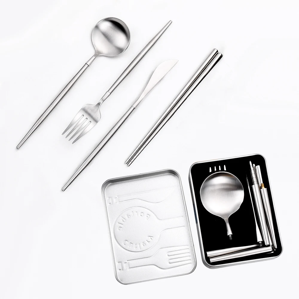 4pcs Portativ Takëm Vendosur Lëvizshëm Çelik Kampe Tableware Chopstick Pirun Thikë Lugë Kanate Vendosur Dinnerware Me Kuti . ' - ' . 5