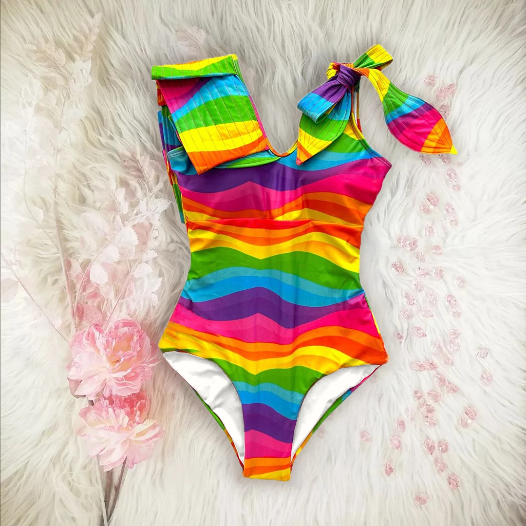 2023 Sexy Rrudhosje Rainbow Një Copë Rroba Banje Swimwear Grave Të Shtypura Thellë-V Beachwear Të Shtyjë Deri Banje Kostum Të Lartë Të Prerë Monkini Femra . ' - ' . 0