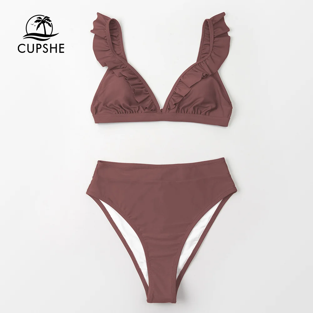 CUPSHE V-qafë Ruffled të Lartë bel Bikini Vendos rroba banje Femrat Sexy Ngurta Kafe Dy Copa Swimwear 2023 Ri Plazh banjos . ' - ' . 2