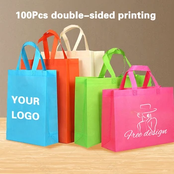 100pcs Print Logon Mbi të dyfishtë njëanshëm Jo të endura Çantë Me Dorezë të Mjedisit Reklamat Dhuratë Qese Shopping Përshtatur Logo Design