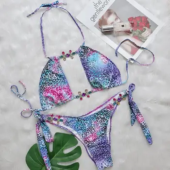 2022 Sexy Leoaprd Diamanti Bikini Vdekje Në Litar Dhe Të Shtyjë Deri Swimwear Gratë Rroba Banje Femra Bikini Vendosur Brazilian Banje Kostum Beachwear