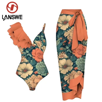 2023 LANSWE Retro Print Thellë V Një Copë rroba banje me Një Copë Gratë Smock Swimwear Dy-Copë Kostum Veror Plazhi Veshin OP057