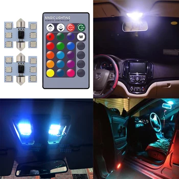 2X RGB 5050 6SMD Festoon Dritë Dritat e Makinave të Udhëhequr Auto Mbresëlënëse të Largëta të Kontrolluar Ngjyra Lexuar Llambë Dera e Llampave të Dyfishtë Vuri