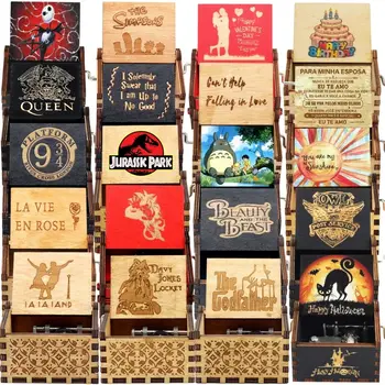 52 Tema të Muzikës Kuti Druri Dorë Cranked Mbretëresha Jurassic Park Neverland Casket caja muzikore Ditëlindjen Dhurata Pushime