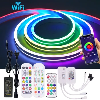 5V RGB LED Neon Strip Dritë 5050 WS2812B Rainbow Silikoni Dritat Dimmable Tuya Wifi e Bluetooth APP IR Remote Control Fuqinë e Ungjillit